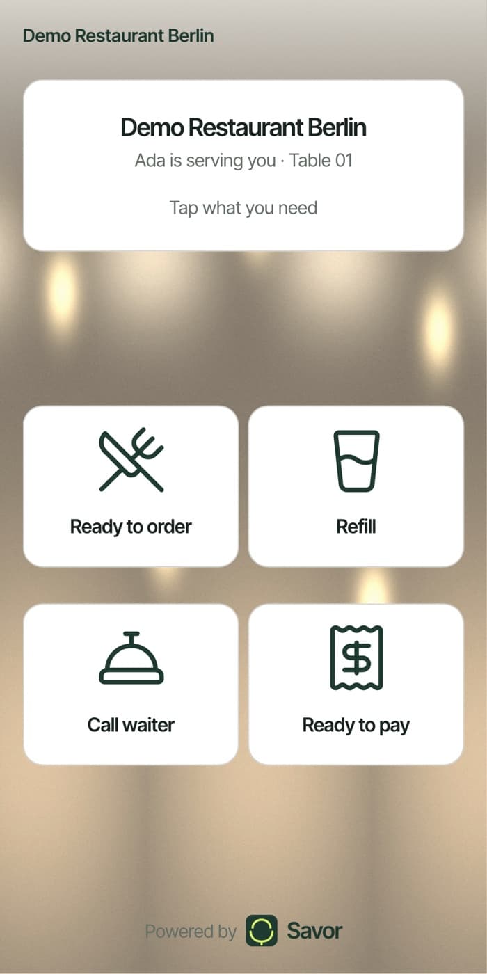 Savor Guest interface showing table requests